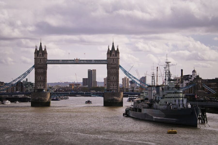 Tower Bridge over the River Thames waterfront view
