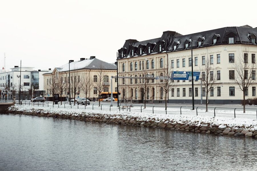 Historic buildings along a Malmo canal in winter