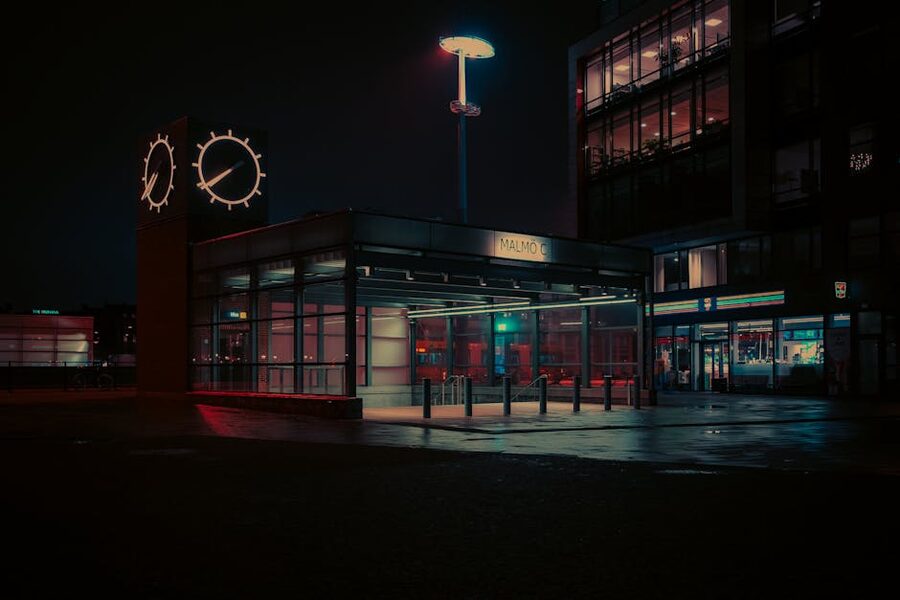 Malmo train station moody night neon lights