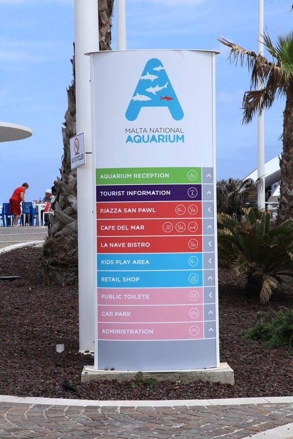 Front entrance of the Malta National Aquarium with the box office visible