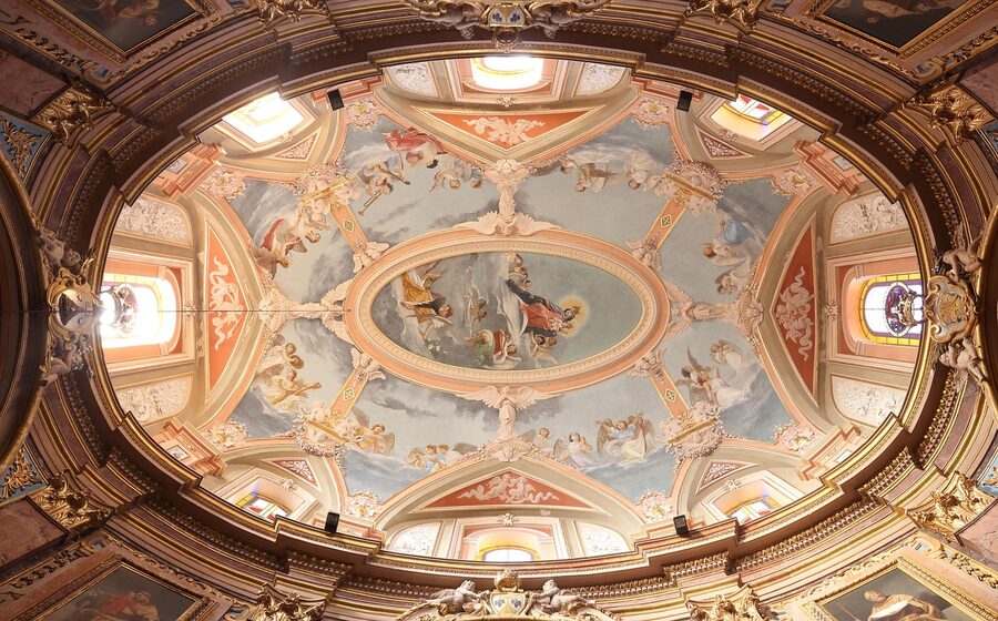 Painted ceiling and dome inside Mdina cathedral interior, Malta