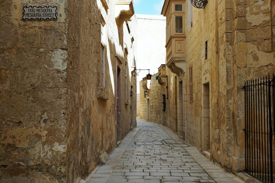 Mdina limestone house and architecture detail, Malta