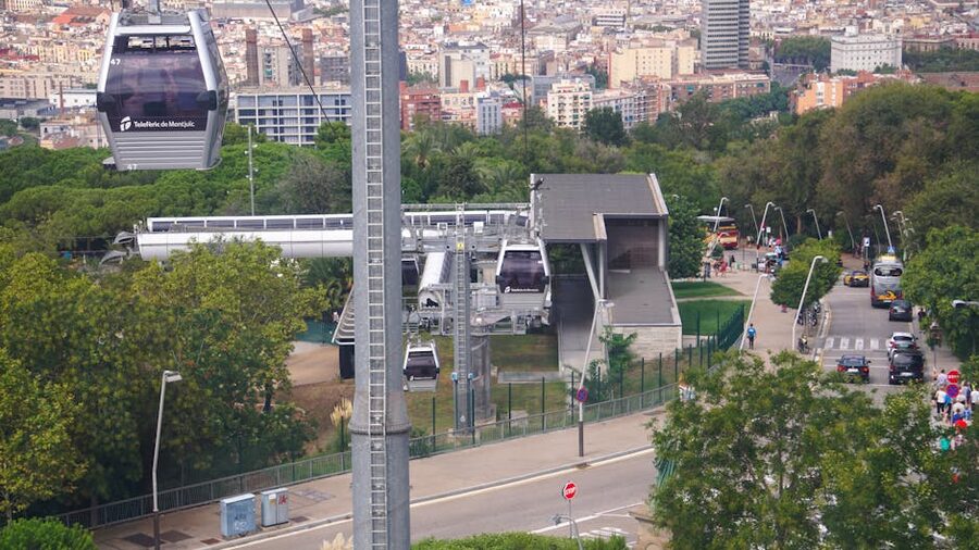 Aerial view of Montjuic cable car with Barcelona cityscape