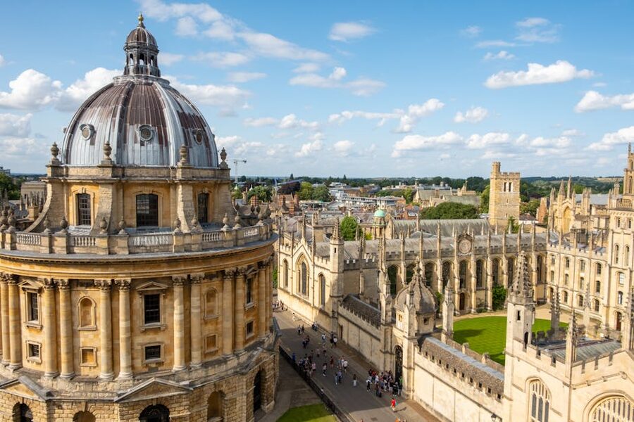 Aerial view Oxford university classic architecture college rooftops