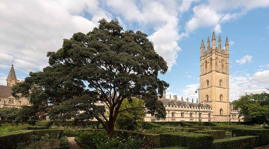 Magdalen College Oxford from High Street with bell tower