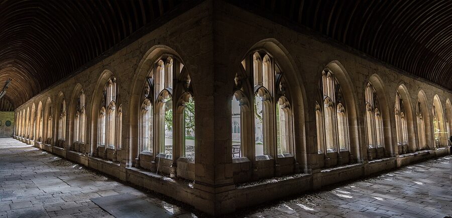 New College Cloisters Oxford with stone arches and central quad