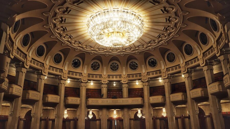 Palace of Parliament Bucharest interior chandelier and ornate ceiling