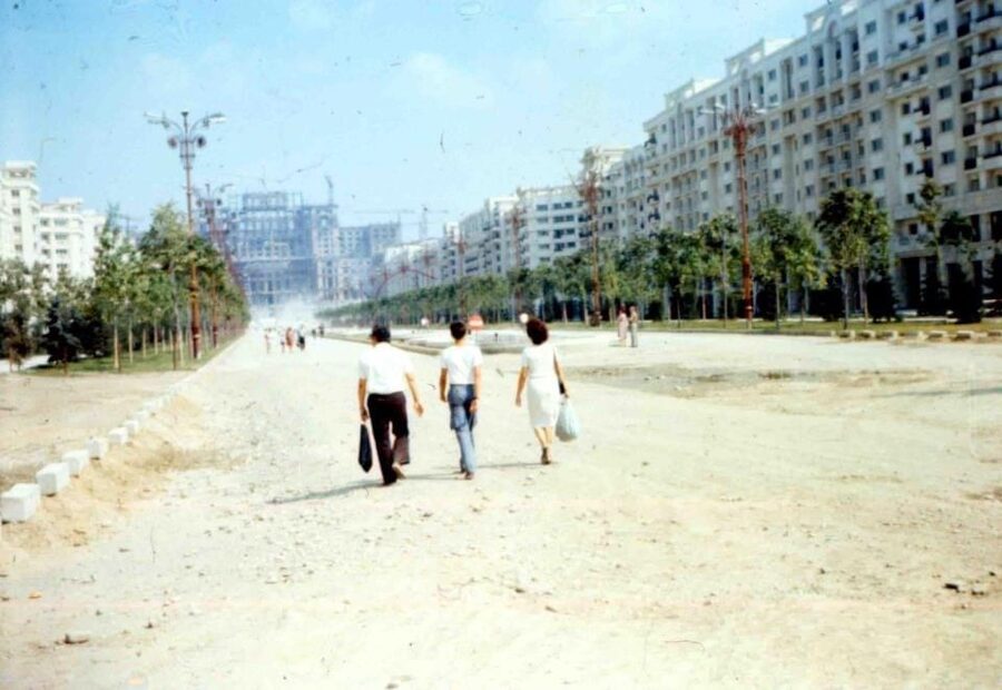 Palace of Parliament Bucharest under construction along Bulevardul Victoria Socialismului in 1986