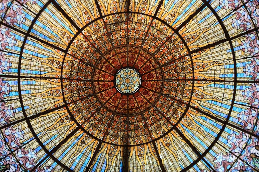 Palau de la Musica stained glass dome looking up Barcelona