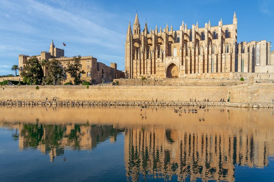 Palma Cathedral La Seu reflecting in water Mallorca