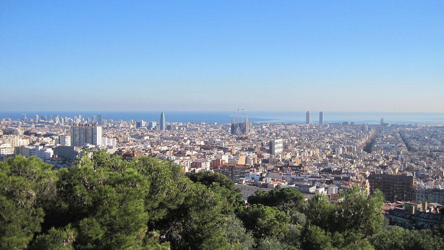 Park Guell view of Barcelona and Mediterranean from the upper terrace