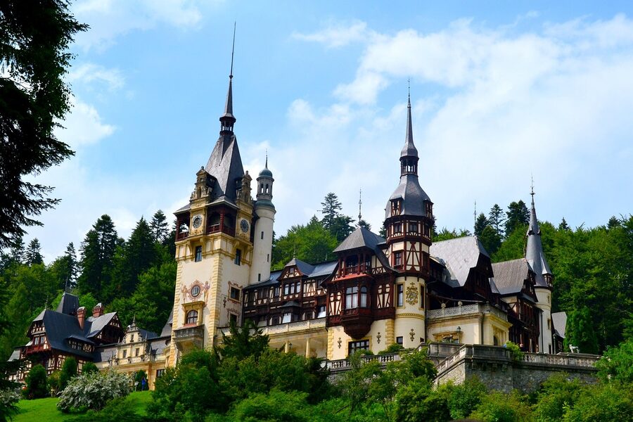Peles Castle Sinaia front view with blue sky