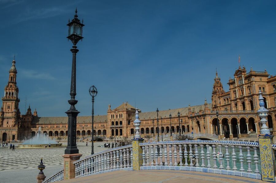 Plaza de Espana in Seville with semi-circular brick arcade and fountain