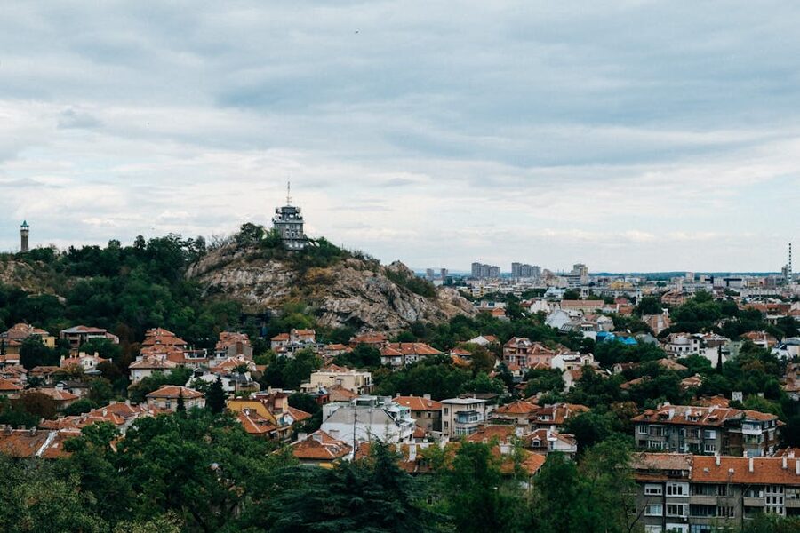 Aerial view of Plovdiv hills and architecture
