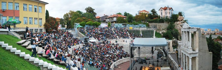Plovdiv ancient theatre panorama with mountain view