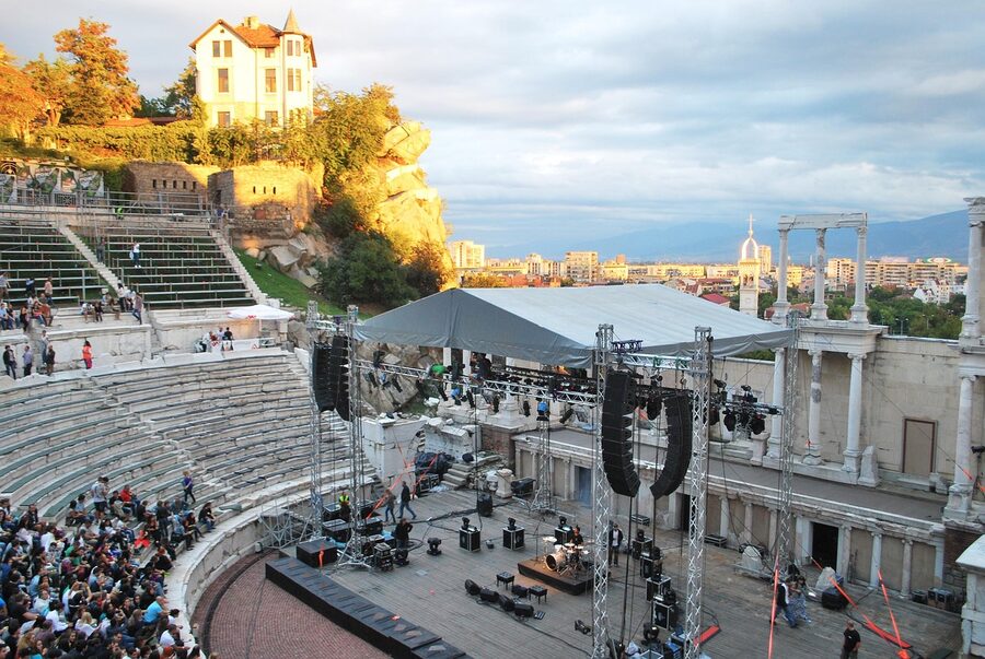 Plovdiv ancient theatre stone seats and arches