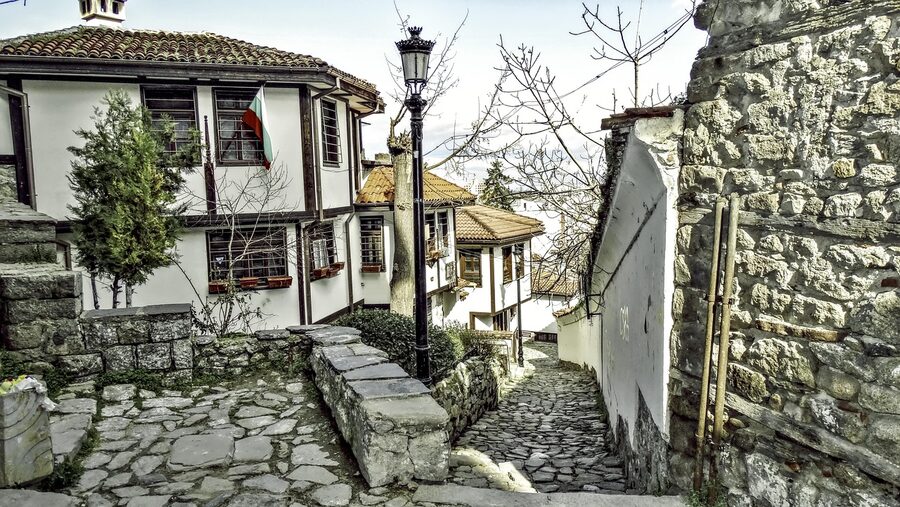 Plovdiv old town cobblestone lane