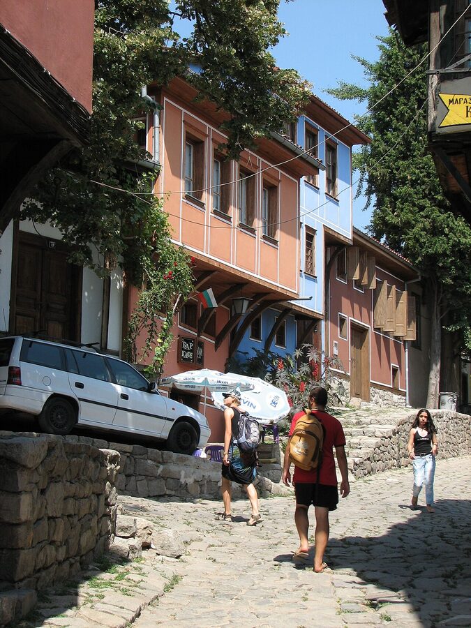 Plovdiv Old Town cobblestone street with revival houses