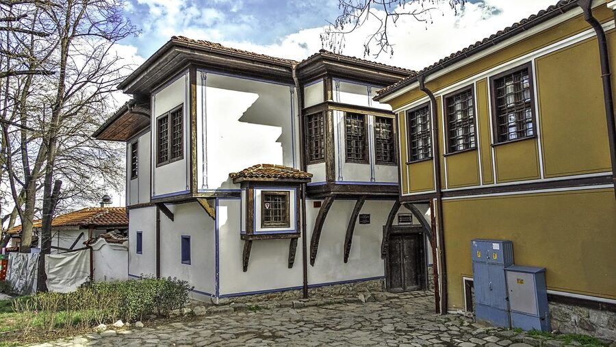 Plovdiv old town with overhanging revival house facades