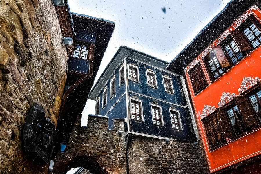 Plovdiv old town with first snow on revival houses