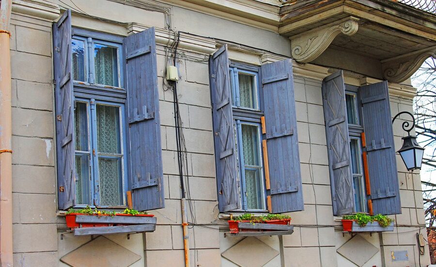 Plovdiv old town painted windows and shutters detail