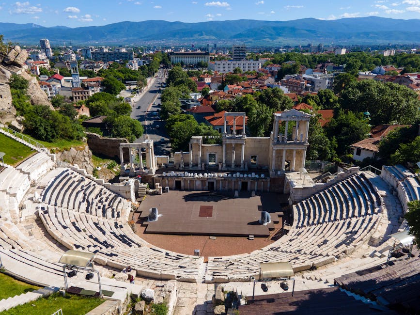 Plovdiv Roman Theatre overhead view from drone