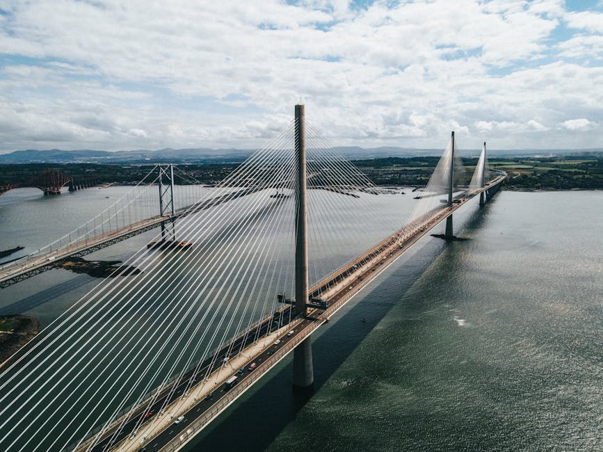 Aerial view of the Queensferry Crossing cable-stayed bridge