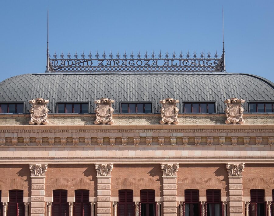 Atocha station brick architecture and clock tower, Madrid