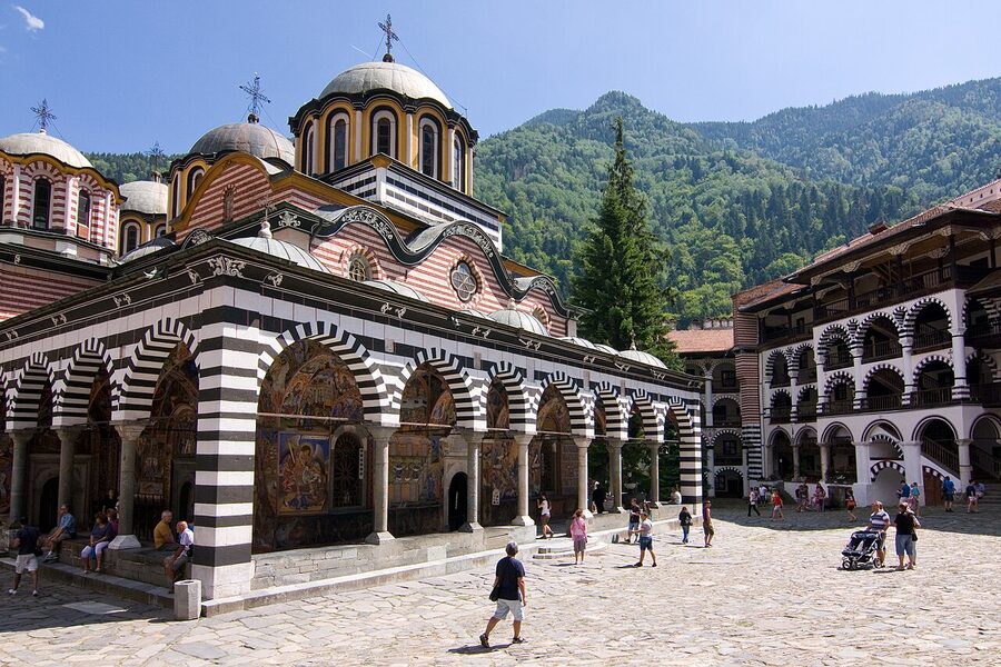 Rila Monastery exterior facade in summer light, looking south
