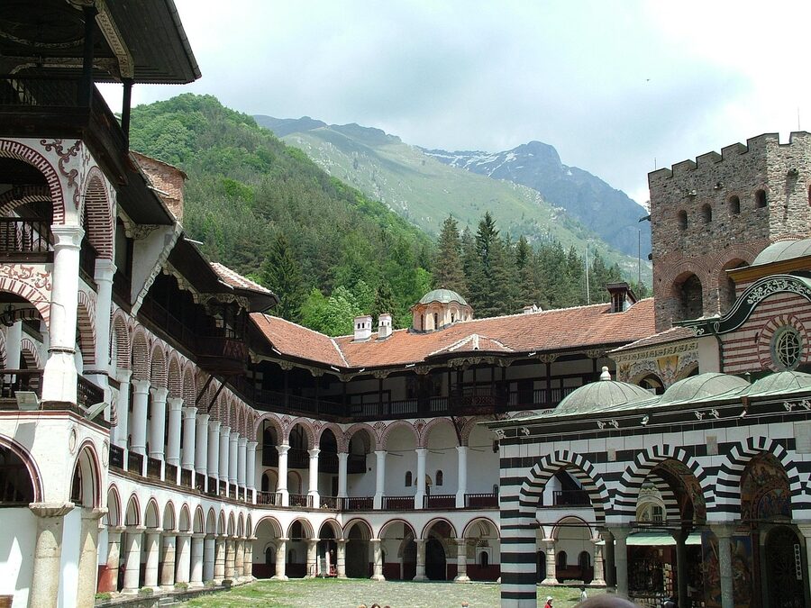 Rila Monastery exterior stone walls and fortified architecture