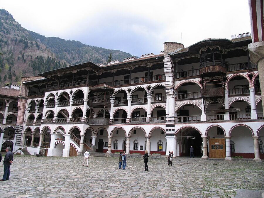Rila Monastery courtyard with the Hrelyo Tower and main church