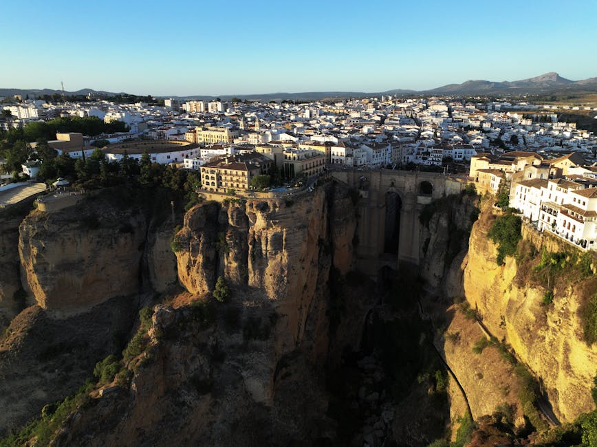 Aerial view of Ronda's El Tajo gorge with Puente Nuevo and bullring