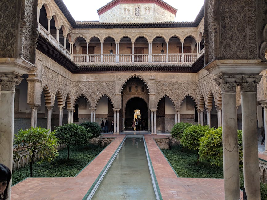 Patio in the Royal Alcazar of Seville with Moorish arches