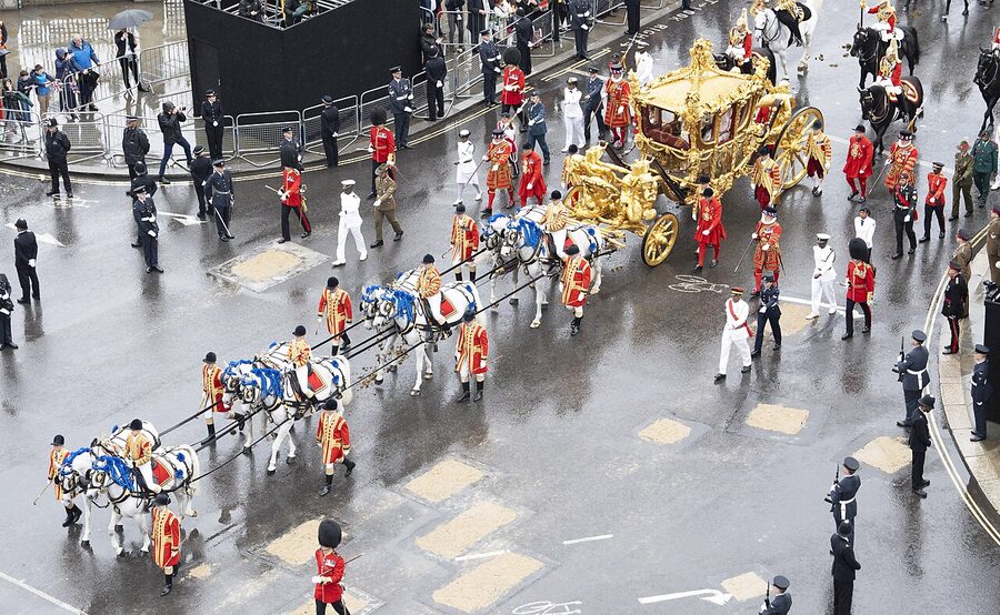 Gold State Coach drawn by 8 Windsor Grey horses 2023 coronation