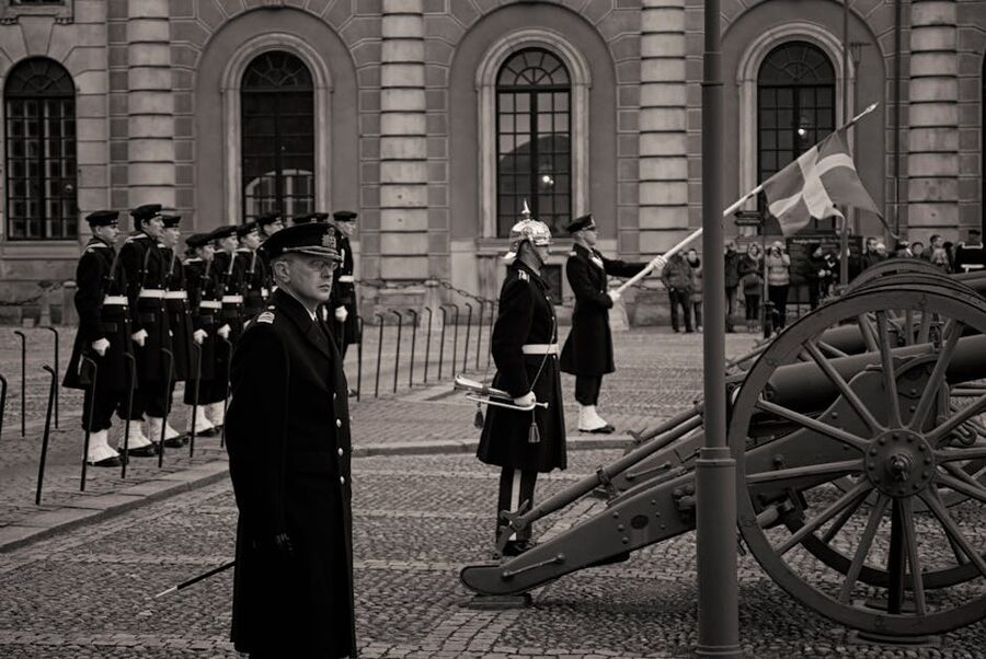 Royal ceremonial guard change at Stockholm Palace Sweden military uniforms