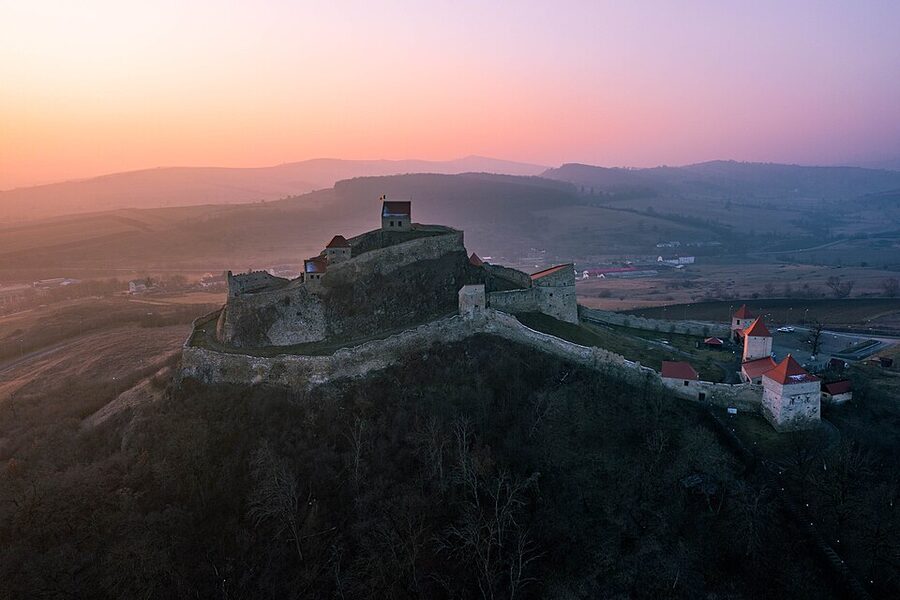 Rupea Fortress at sunset in Transylvania January