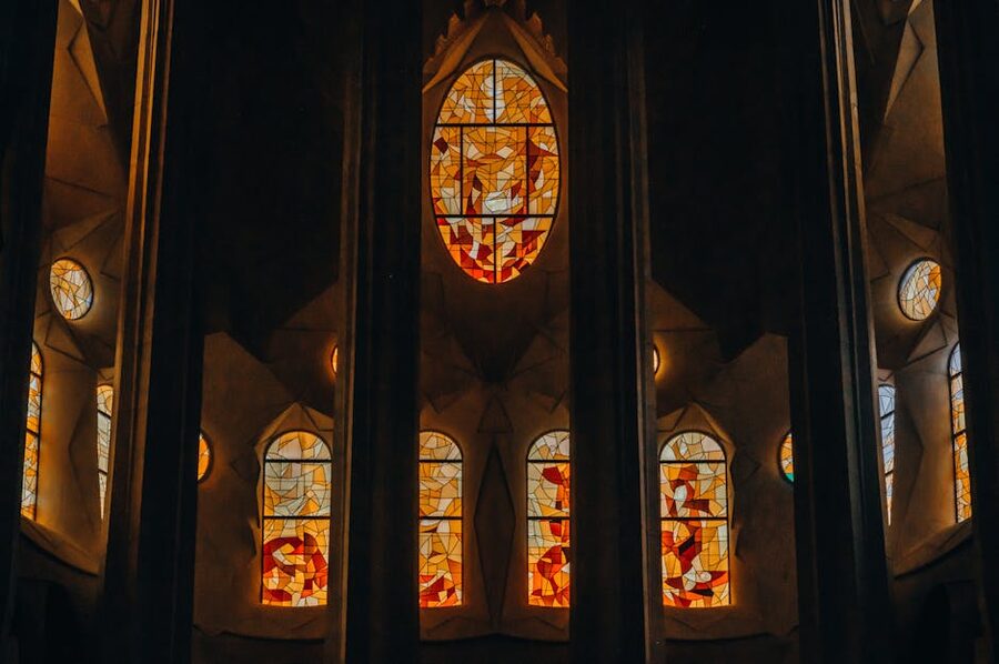 Stained glass windows inside Sagrada Familia Barcelona