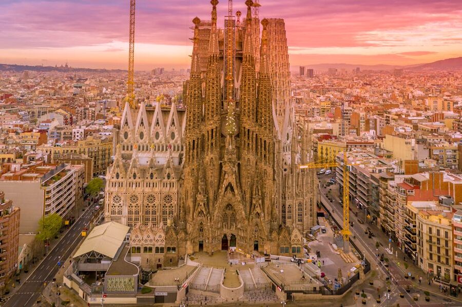 Aerial view Sagrada Familia at sunset Barcelona