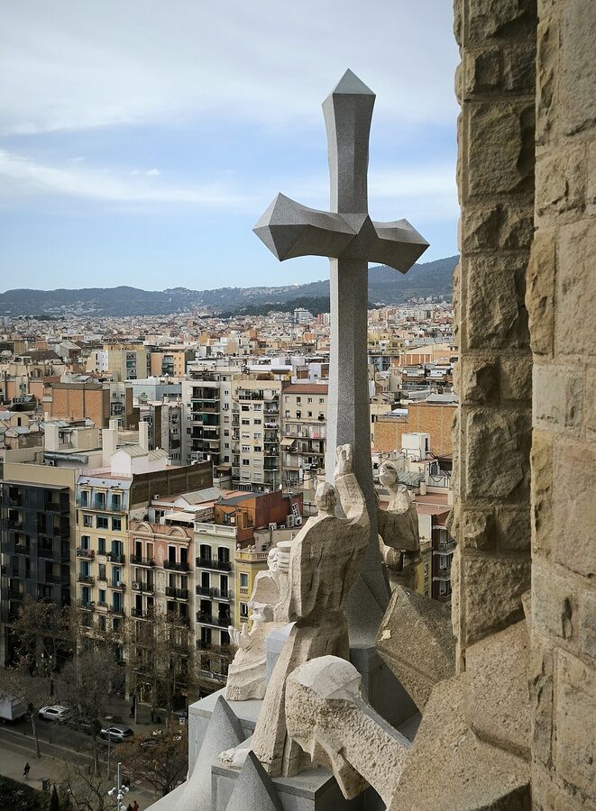 Crucifix on top of Sagrada Familia spire Barcelona