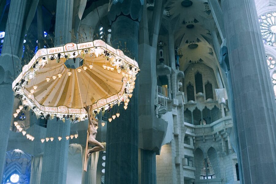 Ornamental pillars and ceiling inside Sagrada Familia Barcelona
