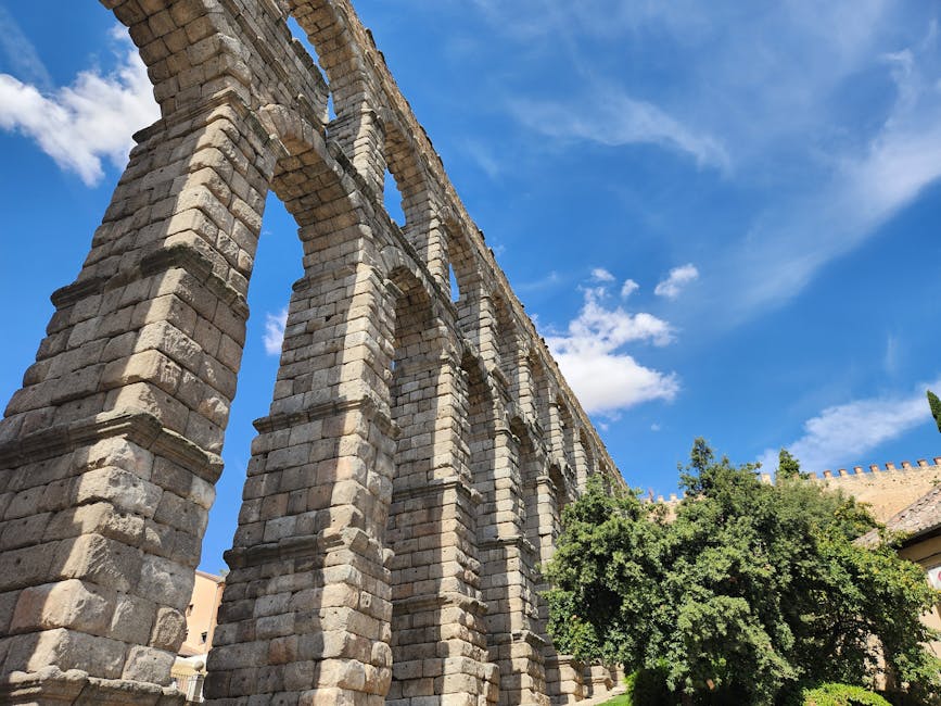 Segovia Roman aqueduct under blue sky on a day trip from Madrid