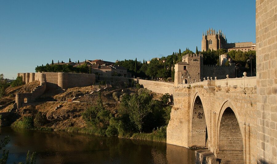 Toledo bridge and ramparts above the Tagus river