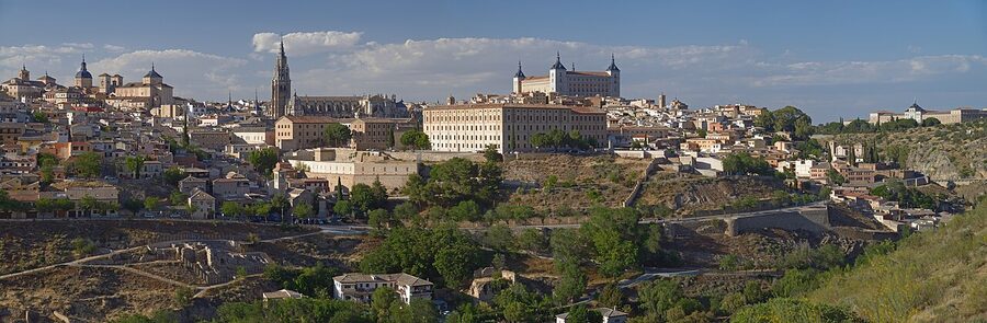 Toledo at sunset viewed from the south across the Tagus valley