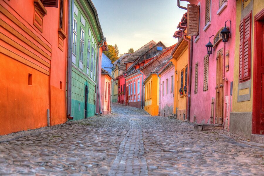 Sighisoara colourful street architecture old town