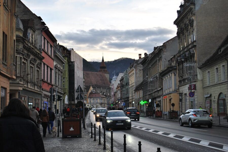 Historic European street at dusk with classic architecture