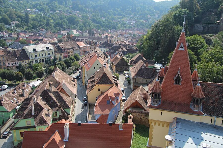 South view from Sighisoara clock tower over citadel rooftops