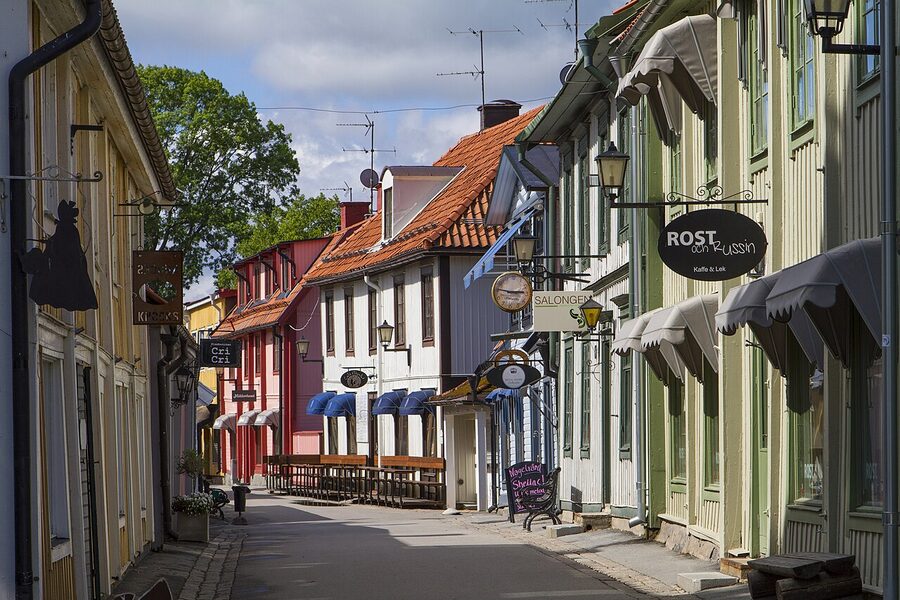 Stora Gatan main street Sigtuna with wooden buildings