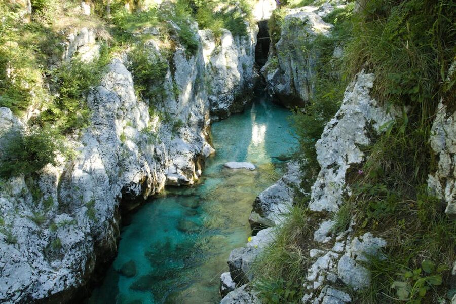 Soca River winding through a rocky canyon near Bovec