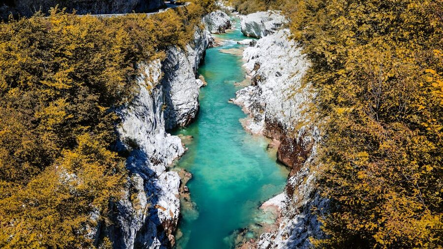 Soca River valley with cliff rocks and turquoise water in Slovenia
