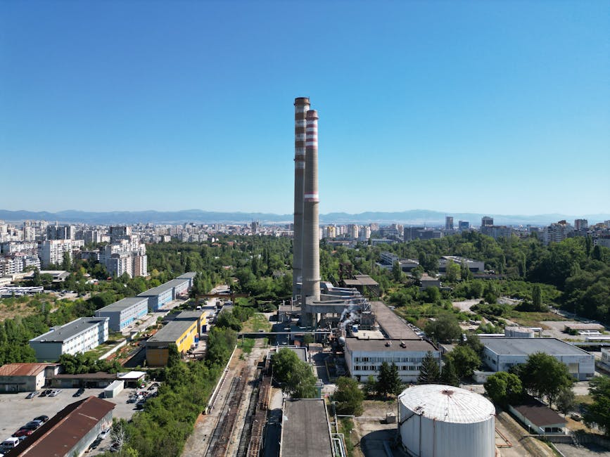 Aerial view of Sofia industrial zone with socialist-era smokestacks